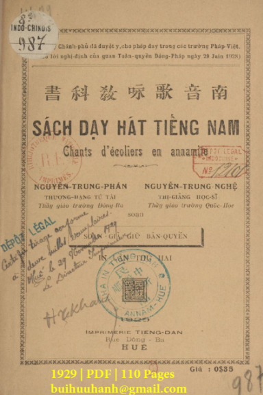 Sách Dạy Hát Tiếng Nam (NXB Tiếng Dân 1929) - Nguyễn Trung Phán, 110 Trang