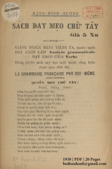 Sách Dạy Mẹo Chữ Tây (NXB Vạn Tường 1938) - Đặng Đình Hướng, 20 Trang