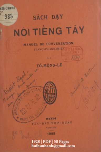 Sách Dạy Nói Tiếng Tây (NXB Tân Dân 1928) - Tô Mộng Lê, 58 Trang