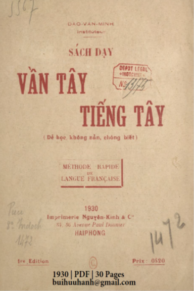 Sách Dạy Vần Tây Tiếng Tây (NXB Nguyễn Kính 1930) - Đào Văn Minh, 30 Trang