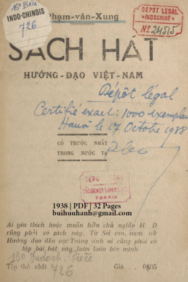 Sách Hát Hướng Đạo Việt Nam Tập 1 (NXB Thái Phỉ 1938) - Phạm Văn Xung, 32 Trang