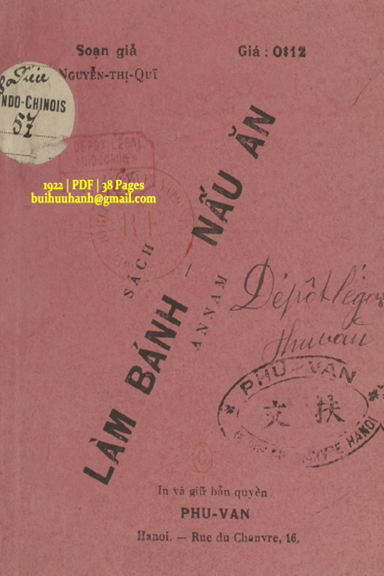 Sách Làm Bánh-Nấu Ăn Annam (NXB Phú Văn 1922) - Nguyễn Thị Quĩ, 38 Trang