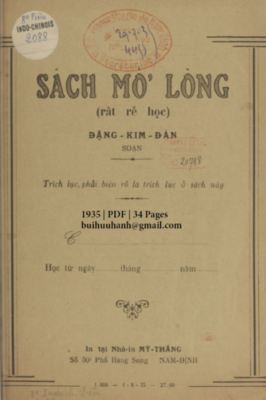 Sách Mở Lòng (NXB Mỹ Thắng 1935) - Đặng Kim Đản, 34 Trang