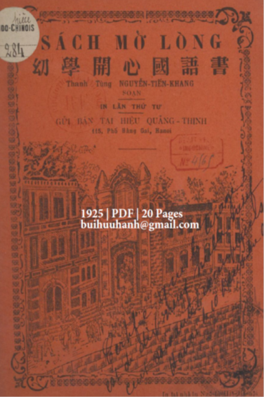 Sách Mở Lòng (NXB Quảng Thịnh 1925) - Nguyễn Tiến Khang, 20 Trang