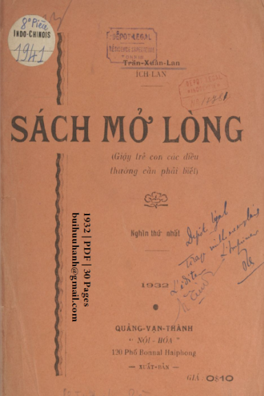 Sách Mở Lòng (NXB Quảng Vạn Thành 1932) - Trần Xuân Lan, 30 Trang