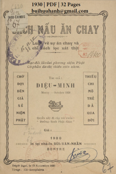 Sách Nấu Ăn Chay (NXB Bùi Văn Nhẫn 1930) - Diệu Minh, 32 Trang