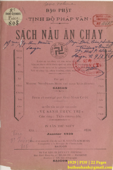 Sách Nấu Ăn Chay (NXB Đức Lưu Phương 1929) - Nguyễn Kim Muôn, 22 Trang