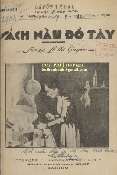 Sách Nấu Đồ Tây (NXB Nguyễn Văn Viết 1932) - Lê Thị Tuyễn, 118 Trang