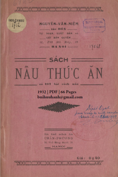 Sách Nấu Thức Ăn (NXB Chân Phương 1932) - Nguyễn Văn Niệm, 66 Trang