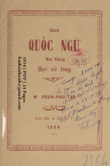 Sách Quốc Ngữ (NXB Nam Mỹ 1934) - Phan Như Tấn, 24 Trang