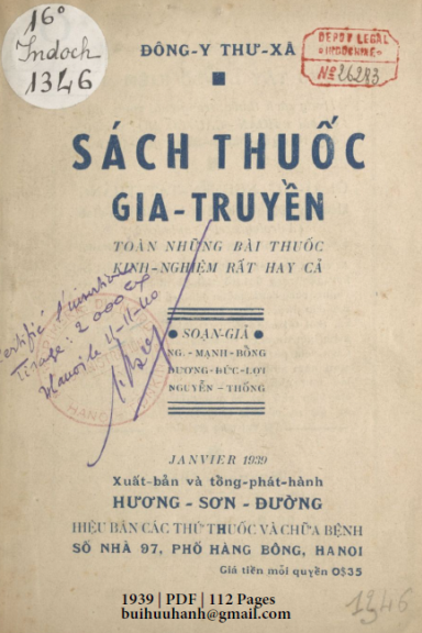Sách Thuốc Gia Truyền (NXB Hương Sơn 1939) - Nguyễn Mạnh Bổng, 112 Trang