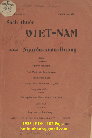 Sách Thuốc Việt Nam Quyển 2 (NXB Lạc Long 1935) - Nguyễn Xuân Dương, 102 Trang