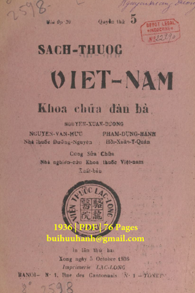 Sách Thuốc Việt Nam Quyển 5 (NXB Lạc Long 1936) - Nguyễn Xuân Dương, 76 Trang