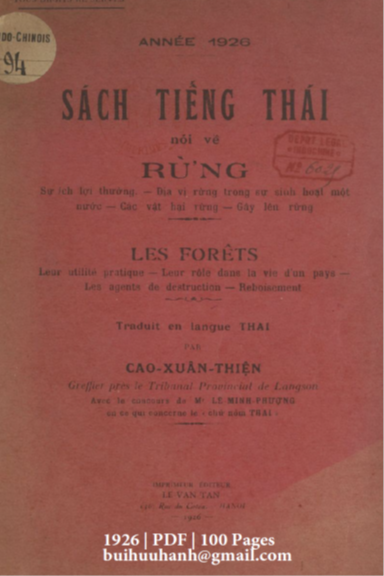 Sách Tiếng Thái Nói Về Rừng (NXB Mạc Đình Tư 1926) - Cao Xuân Thiện, 100 Trang