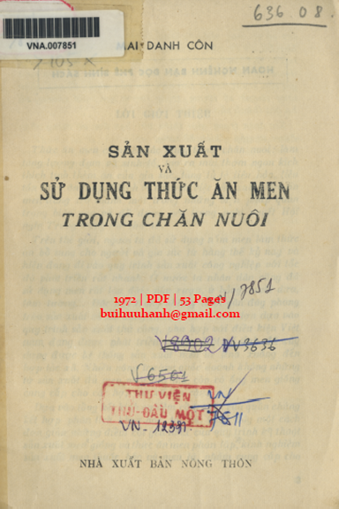 Sản Xuất Và Sử Dụng Thức Ăn Men Trong Chăn Nuôi (NXB Nông Thôn 1972) - Mai Danh Côn, 53 Trang