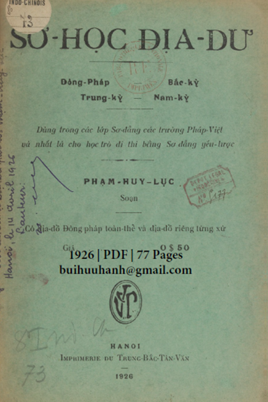 Sơ Học Địa Dư (NXB Trung Bắc Tân Văn 1926) - Phạm Huy Lục, 77 Trang