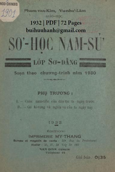 Sơ Học Nam Sử Lớp Sơ Đẳng (NXB Mỹ Thắng 1932) - Vũ Như Lâm, 72 Trang