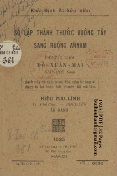 Sổ Lập Thành Thước Vuông Tây Sang Ruộng Annam (NXB Thụy Ký 1925) - Đỗ Xuân Mai, 32 Trang
