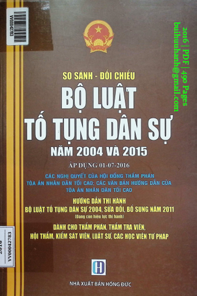 So Sánh Đối Chiếu Bộ Luật Tố Tụng Dân Sự 2004 Và 2015 (NXB Hồng Đức 2016) - Vũ Duy Khang, 490 Trang