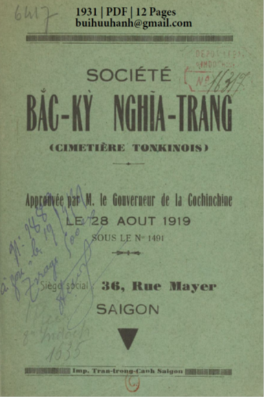 Société Bắc Kỳ Nghĩa Trang (NXB Trần Trọng Cảnh 1931) - Đỗ Như Liên, 12 Trang