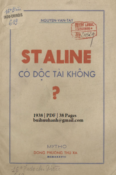 Staline Có Độc Tài Không (NXB Đông Phương Thư Xã 1938) - Nguyễn Văn Tây, 38 Trang