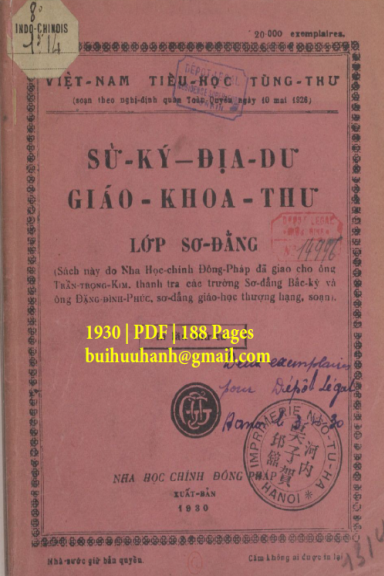 Sử Ký-Địa Dư Giáo Khoa Thư Lớp Sơ Đẳng (NXB Nha Học Chính 1930) - Trần Trọng Kim, 188 Trang