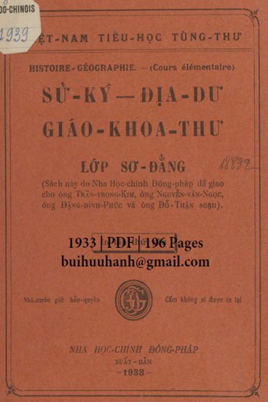 Sử Ký-Địa Dư Giáo Khoa Thư Lớp Sơ Đẳng (NXB Nha Học Chính 1933) - Trần Trọng Kim, 196 Trang