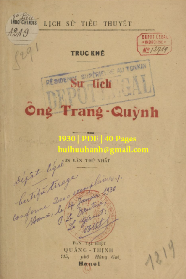 Sự Tích Ông Trạng Quỳnh (NXB Quảng Thịnh 1930) - Trúc Khê, 40 Trang