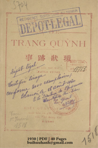 Sự Tích Trạng Quỳnh (NXB Quảng Thịnh 1930) - Nhiều Tác Giả, 40 Trang