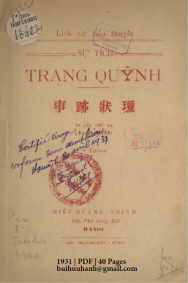 Sự Tích Trạng Quỳnh (NXB Quảng Thịnh 1931) - Nhiều Tác Giả, 40 Trang