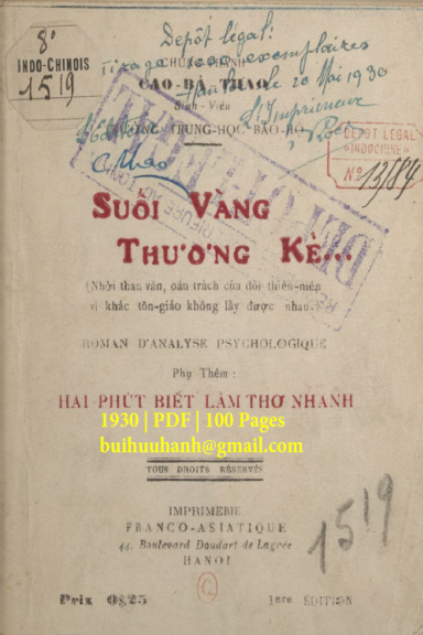 Suối Vàng Thương Kẻ (NXB Tiểu Thuyết 1930) - Cao Bá Thao, 100 Trang