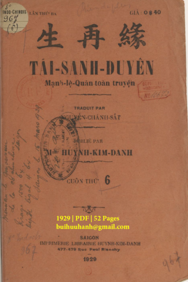 Tái Sanh Duyên Cuốn 6 (NXB Huỳnh Kim Danh 1929) - Nguyễn Chánh Sắt, 52 Trang