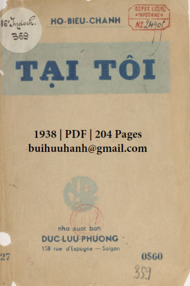Tại Tôi (NXB Đức Lưu Phương 1938) - Hồ Biểu Chánh, 204 Trang