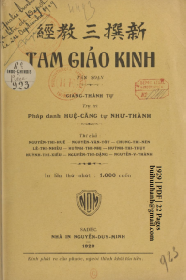Tam Giáo Kinh Tân Soạn (NXB Nguyễn Duy Minh 1929) - Huệ Căng, 22 Trang