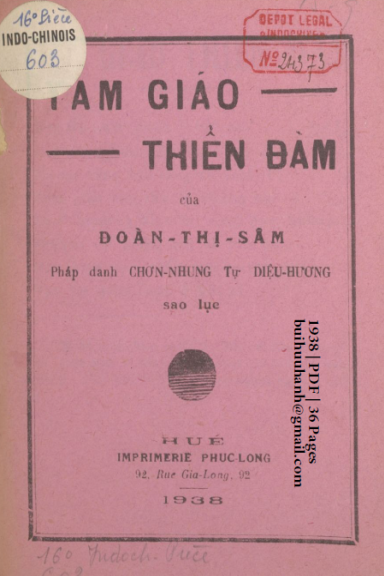 Tam Giáo Thiển Đàm (NXB Phúc Long 1938) - Đoàn Thị Sâm, 36 Trang