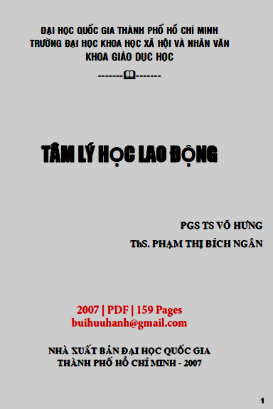 Tâm Lý Học Lao Động (NXB Đại Học Quốc Gia 2007) - Võ Hưng, 159 Trang