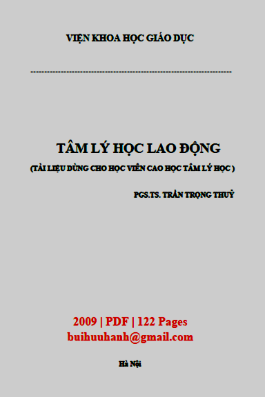 Tâm Lý Học Lao Động (NXB Hà Nội 2009) - Trần Trọng Thủy, 122 Trang