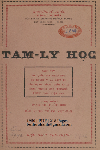 Tâm Lý Học (NXB Trần Đăng Lộc 1950) - Nguyễn Vũ Thiều, 218 Trang