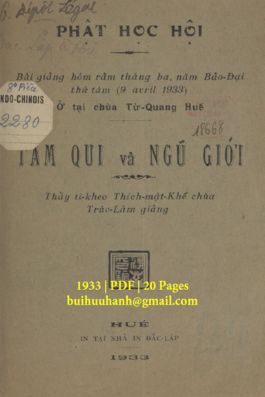 Tam Qui Và Ngũ Giới (NXB Đắc Lập 1933) - Thích Mật Thể, 20 Trang