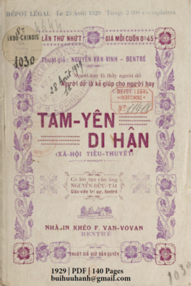 Tam Yên Di Hận (NXB F. Van-Vovan 1929) - Nguyễn Văn Vinh, 140 Trang