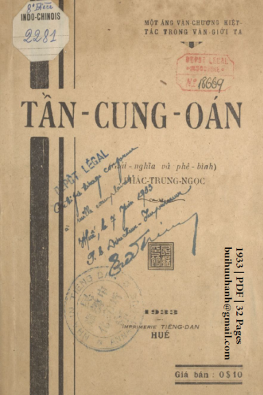Tần Cung Oán (NXB Tiếng Dân 1933) - Phác Trung Ngọc, 32 Trang