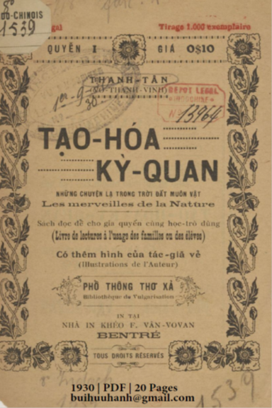 Tạo Hóa Kỳ Quan Quyển 1 (NXB F. Van-Vovan 1930) - Võ Thành Vinh, 20 Trang