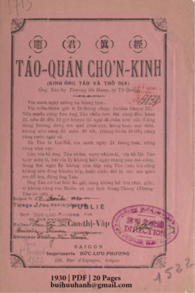 Táo Quân Chơn Kinh (NXB Đức Lưu Phương 1930) - Cao Thị Vấp, 20 Trang
