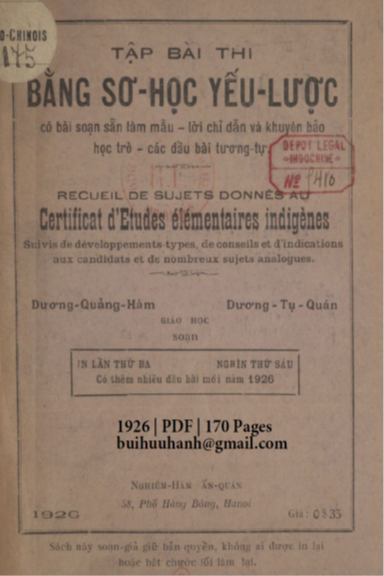 Tập Bài Thi Bằng Sơ Học Yếu Lược (NXB Nghiêm Hàm 1926) - Dương Quảng Hàm, 170 Trang