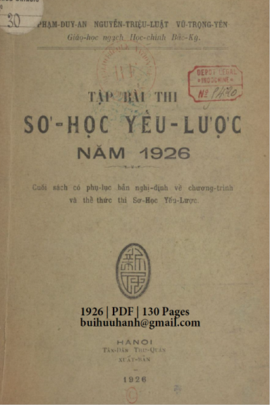 Tập Bài Thi Sơ Học Yếu Lược Năm 1926 (NXB Tân Dân 1926) - Phạm Duy An, 130 Trang