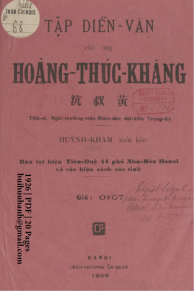 Tập Diễn Văn Của Ông Hoàng Thúc Kháng (NXB Chân Phương 1926) - Hoàng Thúc Kháng, 20 Trang