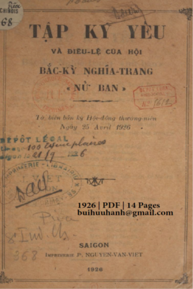 Tập Kỷ Yếu Và Điều Lệ Của Hội Bắc Kỳ Nghĩa Trang Nữ Bản (NXB Nguyễn Văn Viết 1926) - Nhiều Tác Giả