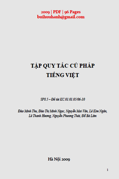 Tập Quy Tắc Cú Pháp Tiếng Việt (NXB Hà Nội 2009) - Đào Minh Thu, 96 Trang