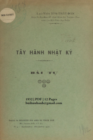 Tây Hành Nhật Ký Bài Tự (NXB Đắc Lập 1932) - Tôn Thất Đàn, 12 Trang