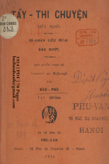 Tây Thi Chuyện Diễn Nghĩa (NXB Phù Văn 1924) - Đào Phố, 70 Trang